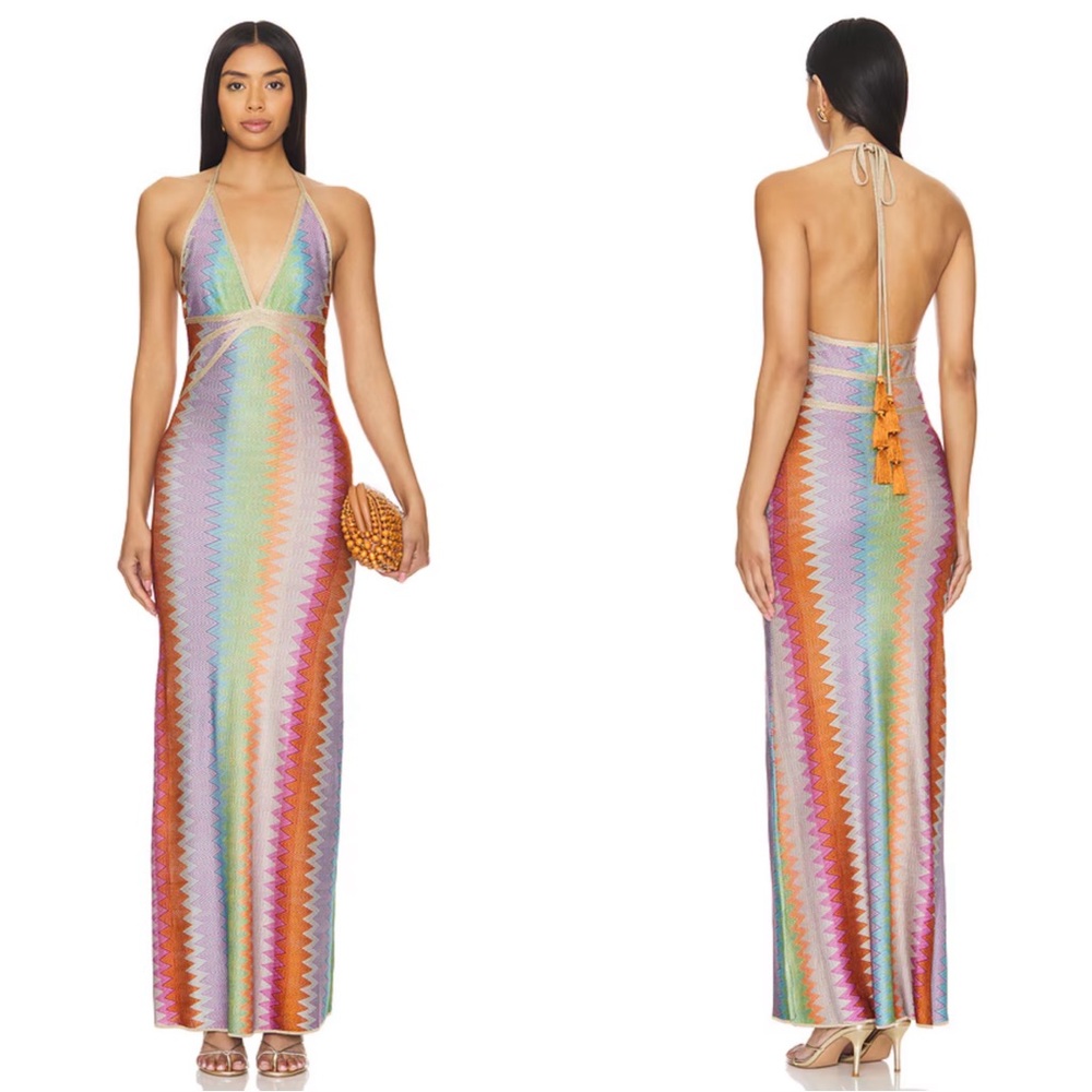 ALEXIS Enna Halterneck Crochet Multicolor Missoni Pattern Maxi Dress Size M